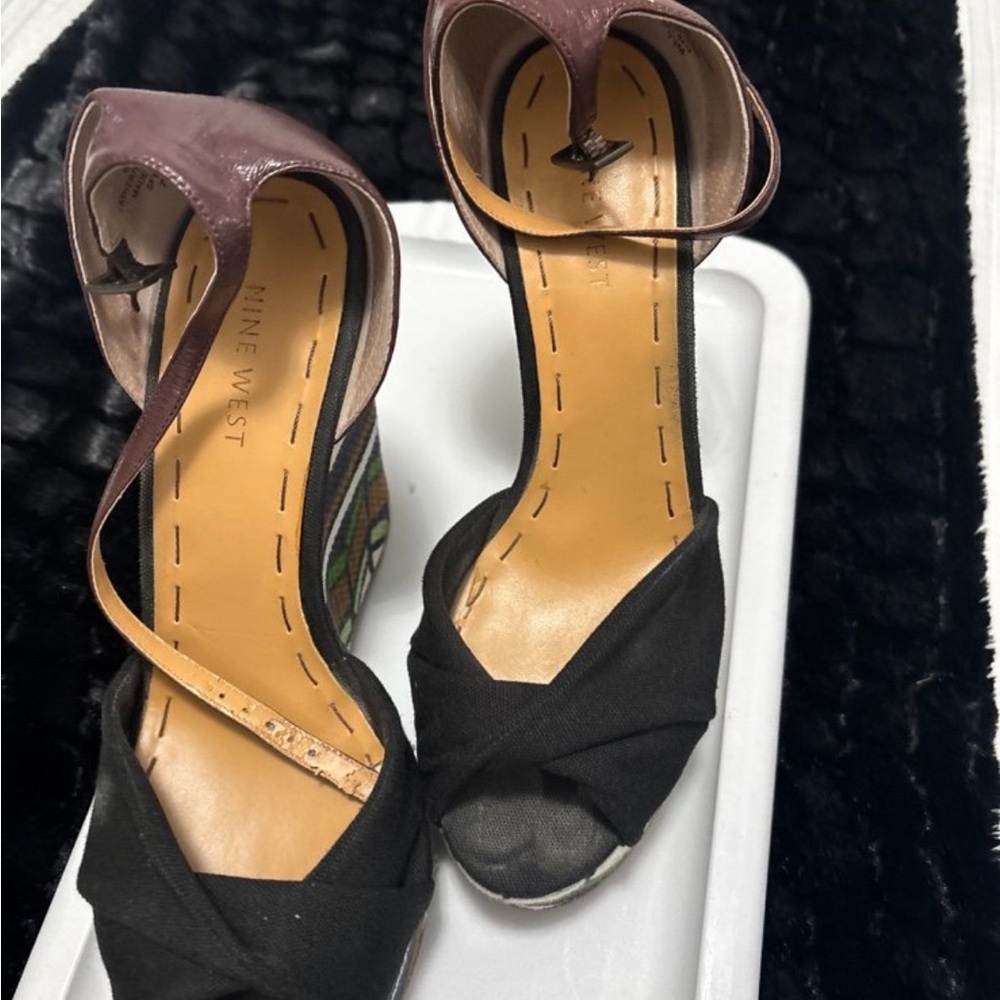 Nine West Black and Brown Ankle-Strap Wedge Sandals
